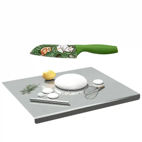 ORGANIZEMEE Stainless Steel Kitchen Counter Top Chopping Board,Vegetable Cutter & Butcher Block Efficient And Durable For Countertop And Worktop Size:60X47Cm,With Lip Bend & Green Knife