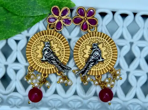 Floral & Bird Motif Dangle Earrings – Antique Gold with Ruby Accents and Pearl Drops