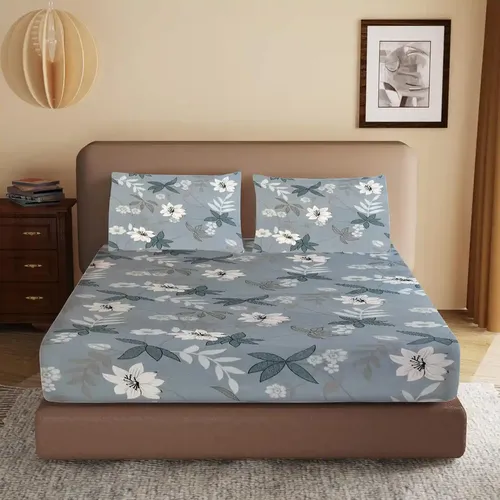 HOMIEE Glace Cotton Elastic Fitted Bed Sheet for Double Bed, Soft, Breathable & Durable Chadar with Deep Pockets, Wrinkle-Resistant, Fade-Proof & Perfect for All Seasons - Steel