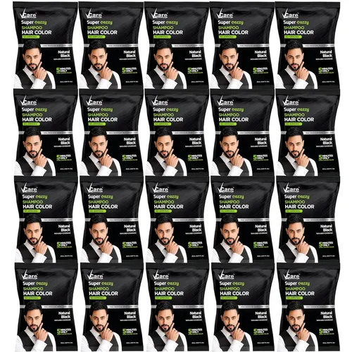 VCare Super Eazzy Hair Colour Shampoo for Women and Men 20ml | Only 5 Minute Root Hair Dye Coloring Kit Head, Moustache, Beard, Hands, Chest | No Parabens, Ammonia And Sulfates (Pack of 20, Black)