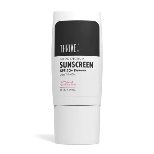 ThriveCo Water Based Sunscreen | Broad Spectrum & Spf 50+ Pa++++ | Blue Light Protection | UV A & UV B Protection | With Dewy Finish & Zero White Cast | Sweat-resistant, Non-sticky & Highly Absorbant | Men & Women | 30ml