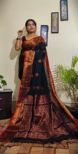 Cotton Tangail Black  Handloom Saree