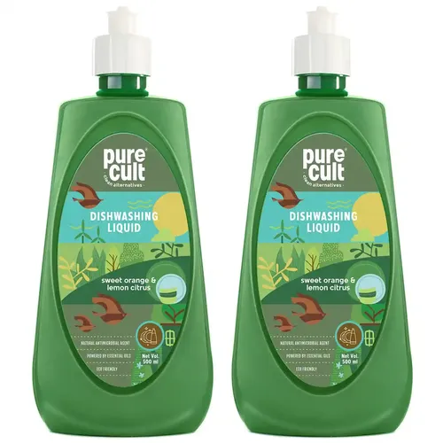 PureCult Dishwash Liquid (500 ml) Combo (Pack of 2) | Infused with Sweet Orange and Lemon Essential Oil | Long-lasting and Refreshing | Leaves No Residue