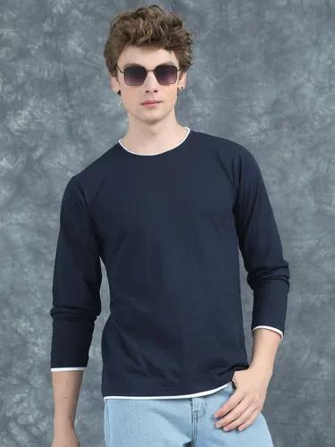 Navy Piped Solid Full Sleeve T-Shirt