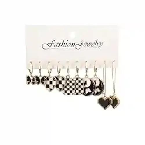 Hanging Checkered Black and White Earrings (Set of 5Pairs)