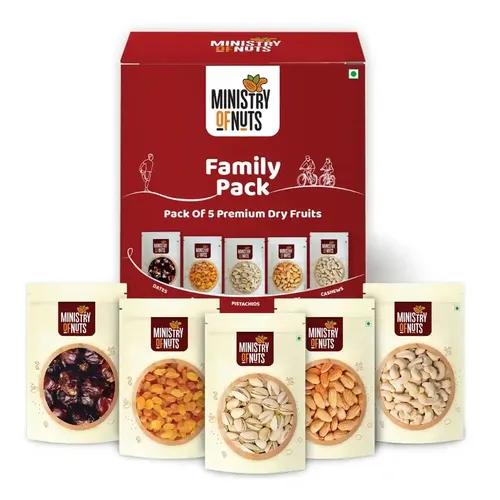 Ministry Of Nuts Family Pack Of 5 Mini Premium Dry Fruits California Almonds 50G, California Pistachios 50G Whole Cashew Nuts 50G, Seedless Raisins 50G & Omani Dates 50G Total 250G