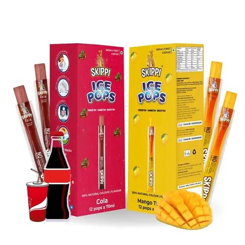 SKIPPI ICE POPS 100% Natural Freezer Pops, Juice Bars, Ice Pops-Cola& Mango Flavors(12+12 Pops Boxes)