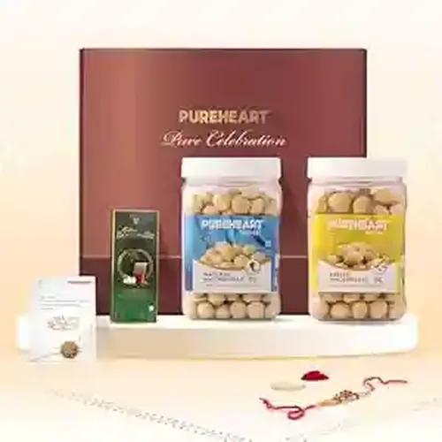 PUREHEART Rakhi Gift Hamper - Natural Macadamia, Salted Roasted Macadamia (650 g, each), Cadbury Bournville Fruit & Nut Dark Chocolate with Rakhi for Brother, Gift Card, Pooja Rice, Kumkum