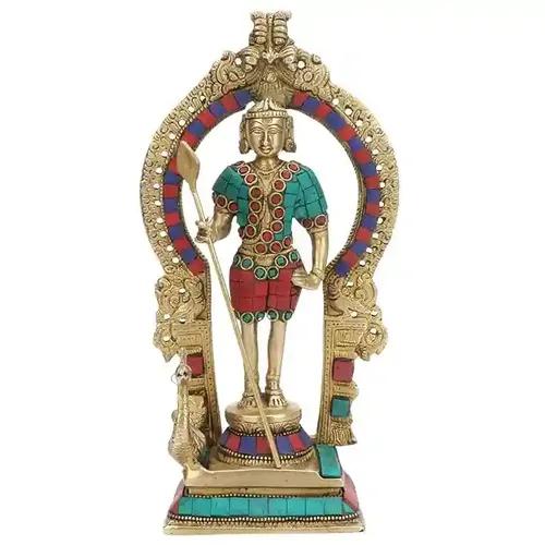 ARTVARKO Lord Swami Kartikeya Ji Kartik Statue With Peacock Brass Multicolor Gemstone Handwork Murugan Subramanya Murti Height 10 Inches