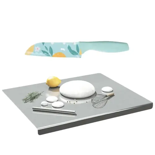 ORGANIZEMEE Stainless Steel Kitchen Counter Top Chopping Board,Vegetable Cutter & Butcher Block Efficient And Durable For Countertop And Worktop Size:60X47Cm,With Lip Bend & Blue Knife
