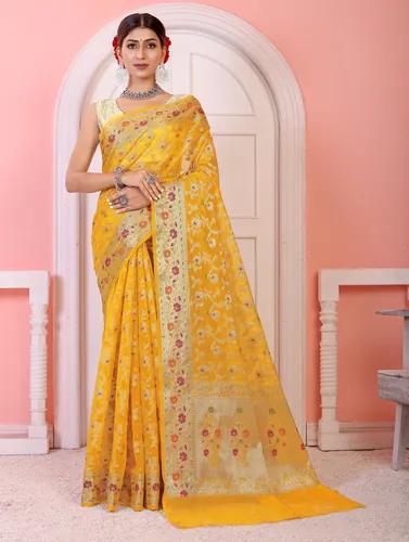 Soft Georgette Flower Print Banarasi Jaal Silk Saree