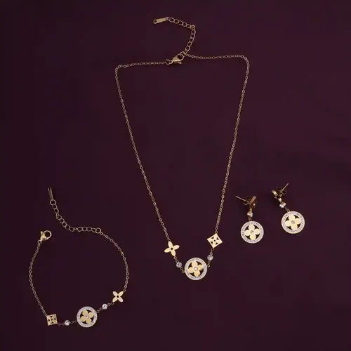 Zircon-Studded Floral Necklace & Earring Jewellery Set For Womens