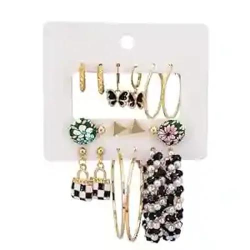 Hoop Earring in Black & White and Gold (Set of 9Pairs)