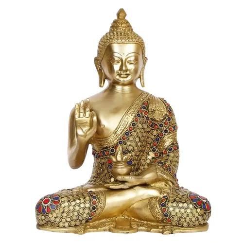 ARTVARKO Blessing Buddha Brass Idol With Inlay Statue With Sacred Kalash Decorative Buddhism Buddha Showpiece Figurine Home Décor Diwali Gifts 10 Inch.