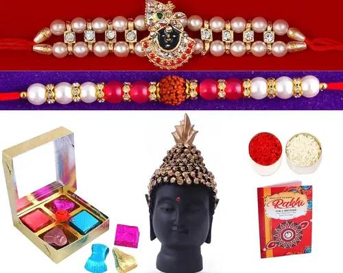 Rakhi For Brother Combo/Rakhi For Brother And Bhabhi/Pack Of 2 Rakhi/Rakhi Gift For Brother-2 Premium Kundan Rakhi+Chocolates Box+Showpiece Figurine Rakhi Greeting Card