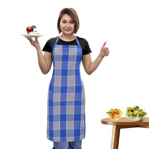 Oasis Grey and Blue Checked Cotton Kitchen Apron |Free Size | Comfortable To Wear With Center Pocket |Pack Of 1