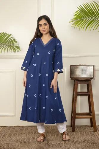 Blue Bandhani Tie And Dye Cotton A-Line Kurta