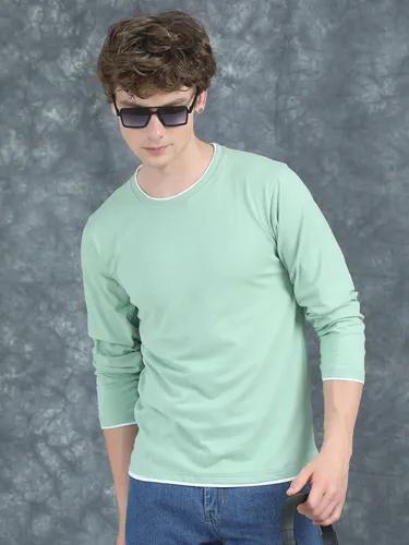 Green Piped Solid Full Sleeve T-Shirt