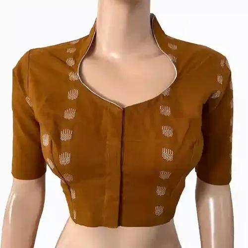 Jacquard Handloom High neck Blouse with Lining - Mustard