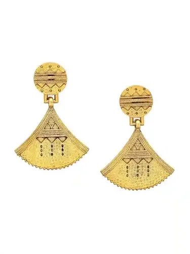 Ethnic Fan-Shaped Dangle Earrings – Textured Antique Finish with Tribal Motifs