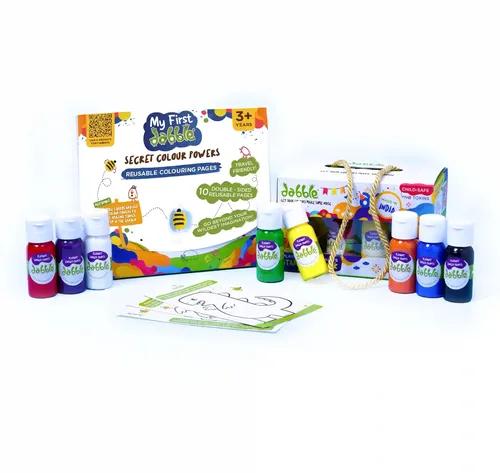 Dabble Combo Gift Pack| Reusable coloring pages kit for kids 3 years+| Non toxic Mini Finger Paints| Easy Wash, Long lasting paints| Art & craft activity DIY kit | Preschool Birthday Return Gift