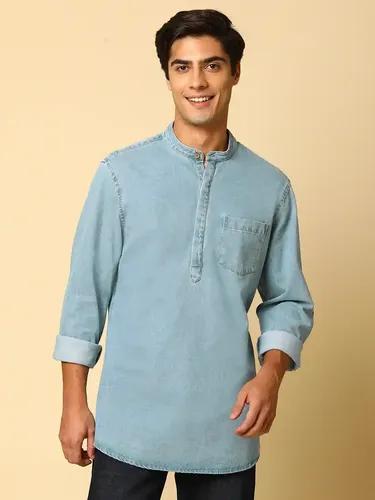 Indivisual Men's Cotton Band Collar Denim Shirt Kurta