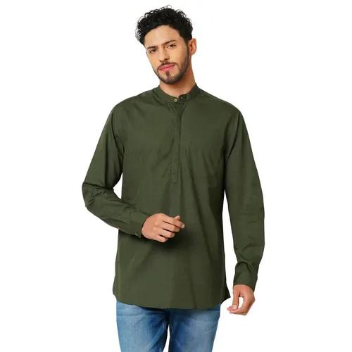 Indivisual Men's Premium Cotton Solid Bottle Green Shirt Kurta