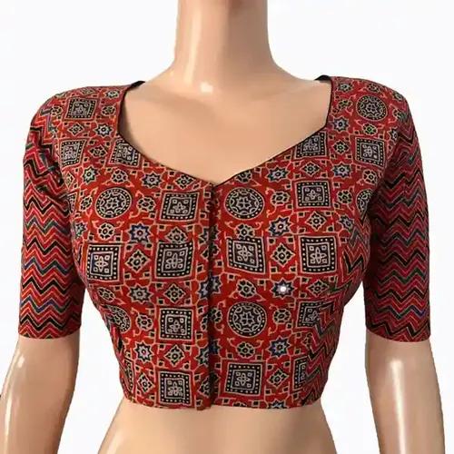 Ajrakh Cotton Sweetheart neck Blouse - Multicolor