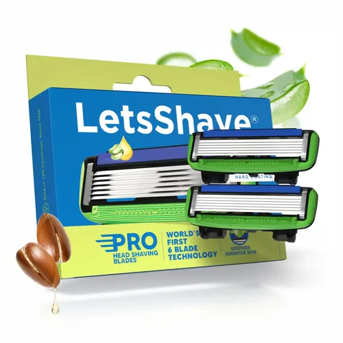 Letsshave Pro Head Shaving Razor Blades for Men – Pack of 2 | World's first 6-Blade Compact Head Shaver | Replacement Cartridges with Moisturizing Strip | Diamond-Coated Curved Blades