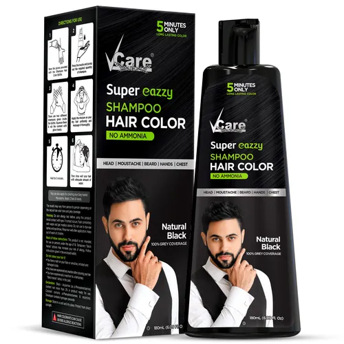 VCare Super Eazzy Hair Colour Shampoo for Women and Men 180ml | Only 5 Minute Root Hair Dye Coloring Kit Head, Moustache, Beard, Hands, Chest | No Parabens, Ammonia And Sulfates
