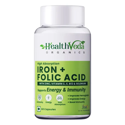 Health Veda Organics Iron + Folic Acid Supplement with Zinc, Vitamin C & Vitamin B12 | 60 Veg Capsules | Supports Blood Building, Immunity and Energy | Enhances Iron Absorption| For Both Men & Women