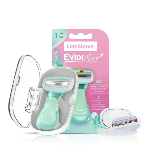 LetsShave Evior Flyyy Compact Razor for Women (1 Handle + 2 Blades) with Travel Case | Full Body Hair Removal Razor for Girls | Wide Head & Open Flow Cartridge Dual Moisturizing Bars & Ergonomic Rubber Grip Handle