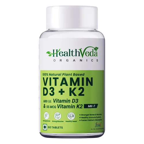 Health Veda Organics Vitamin D3+K2 as MK7 Supplement for Healthy Bones, Boosts Immune System & Joint Care, 60 Veg Tablets