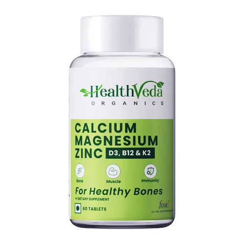 Health Veda Organics Calcium, Magnesium, & Zinc Tablets with Vitamin D3 & B12 For Healthy & Strong Bones, 60 Veg Tablets