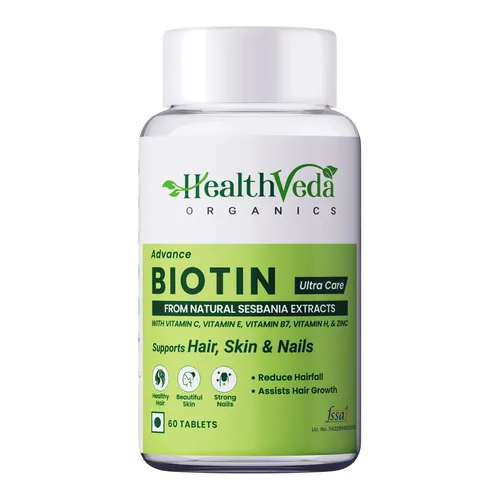 Health Veda Organics Advanced Biotin Tablets | Boosts Keratin Production & Improves Hair Thickness with Natural Sesbania Agathi Leaf Extract | Hair Vitamins (Biotin, Vitamin E & Copper) for Healthy Hair, Skin & Nails | For Both Men & Women (60 Tablets)