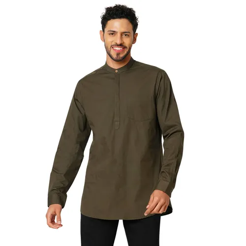 Indivisual Men's Premium Cotton Solid Olive Shirt Kurta