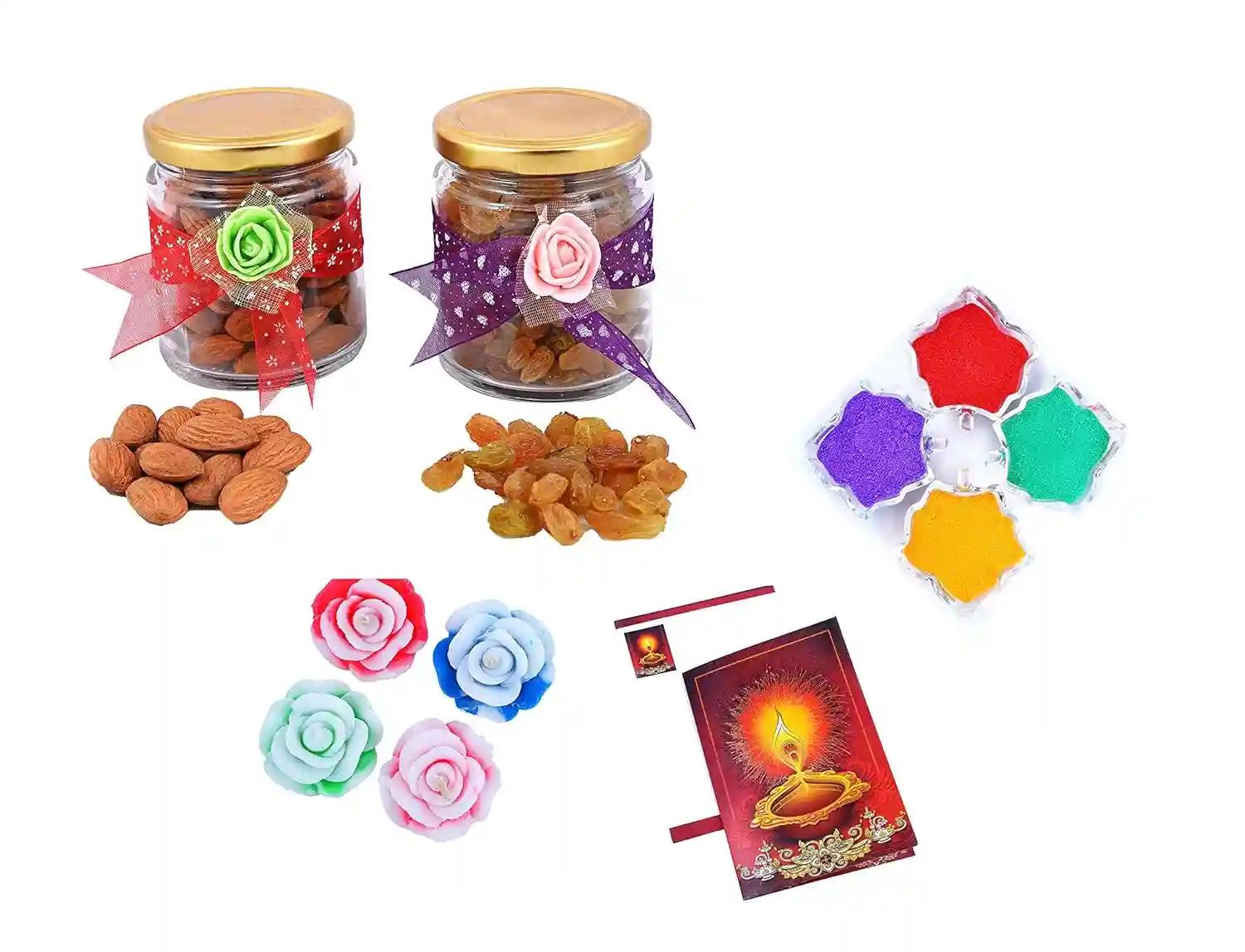 MANTOUSS Diwali Dry Fruit Decorative Glass Jar-Almond and Raisin(100gms Each),200 GMS + 2 Floating Diya, Diwali Greeting Card and Rangoli Colours