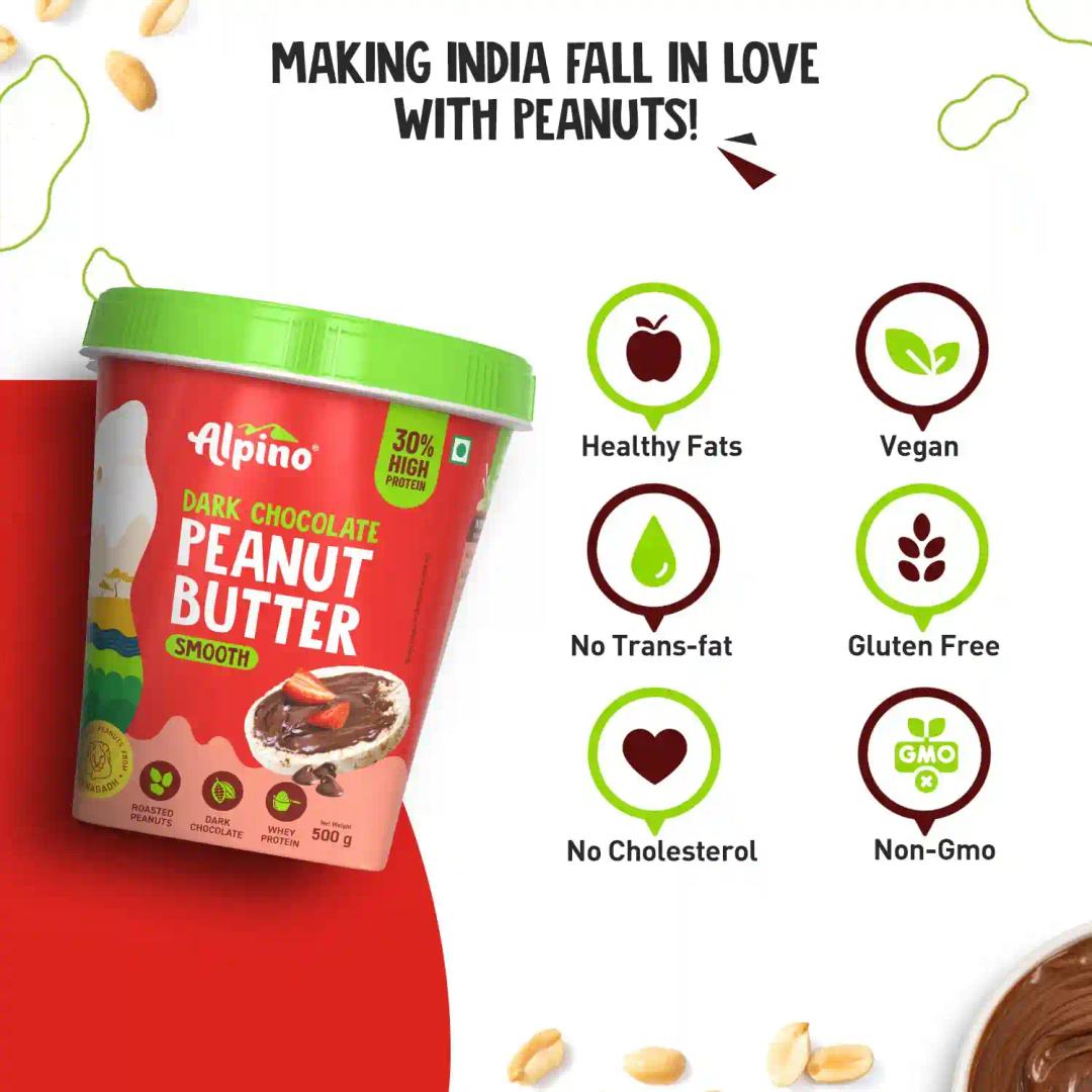 Alpino Health Foods High Protein Dark Chocolate Peanut Butter Smooth 500g - Roasted Peanuts, Dark Chocolate, Whey Protein & Pea Protein – 30g Protein, Gluten Free - High Protein Peanut Butter Creamy