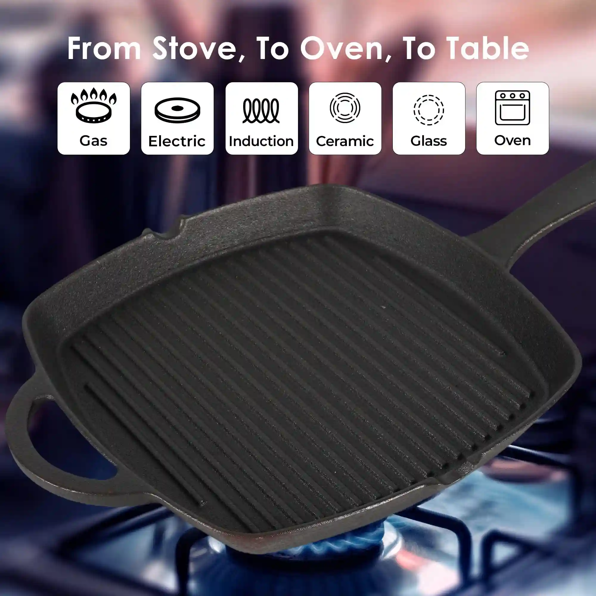 SOLARA Crownstone Premium Cast Iron Grill Pan with Long Handle, 10 Inch/24 Cm, Induction Friendly, 100% Pure & Toxin-Free Tandoor Grill Pan