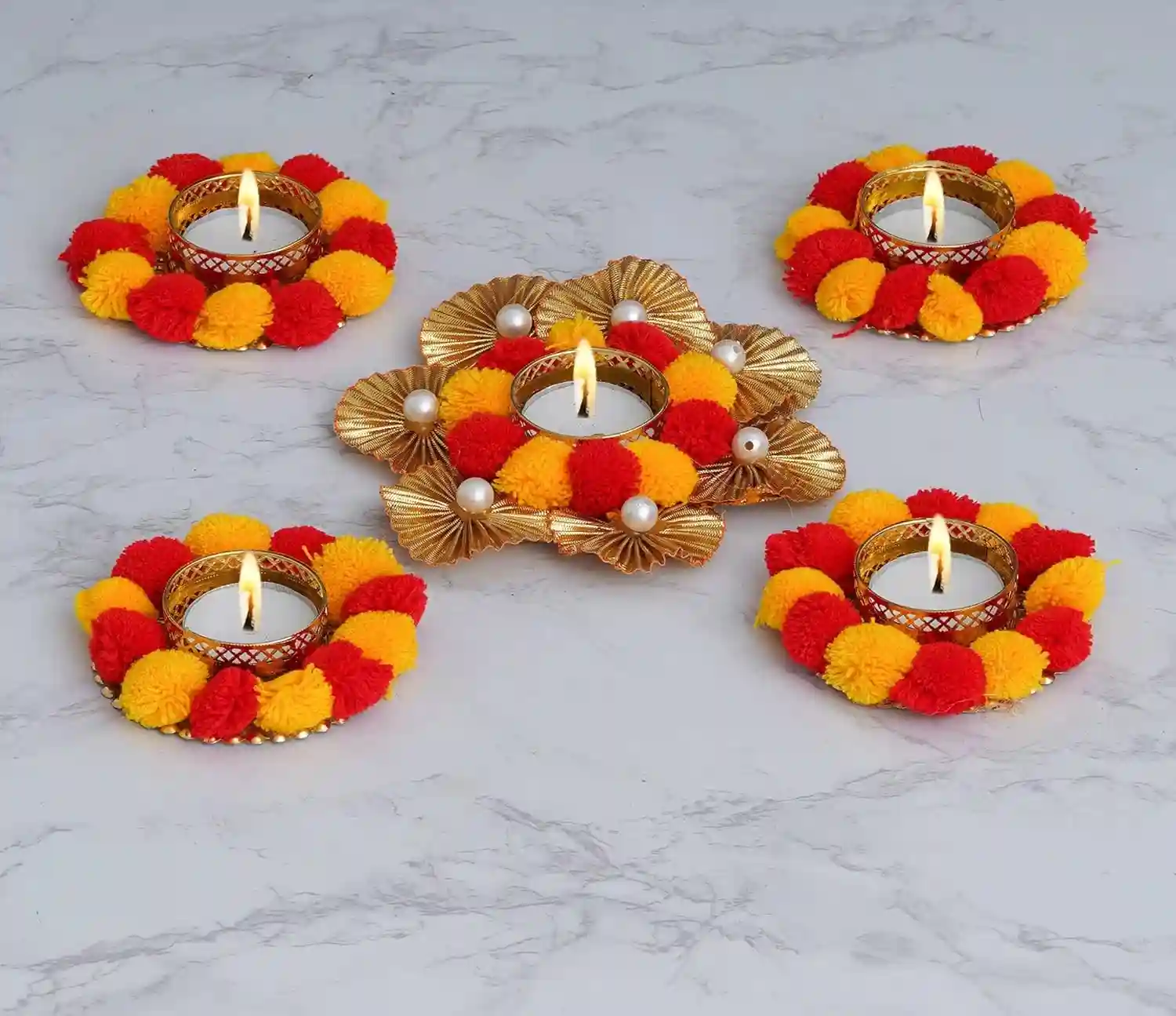 WEBELKART Premium Handmade Tealight Candle Holder for Home and Office Decor | Flower Diya Candle Holder| Diwali Candles for Decoration| Diwali diyas for Decoration(Pack of 5, 3.5 x 5.5 Inches)