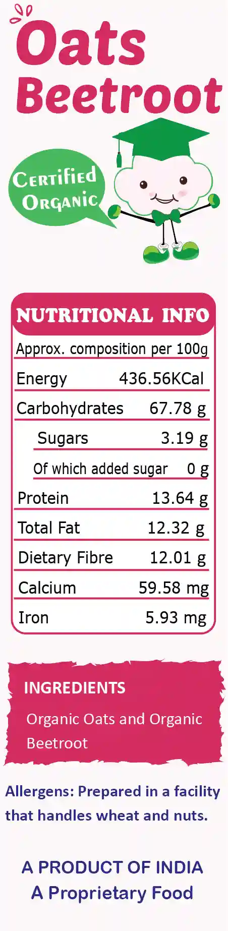 Tummyfriendly Foods Certified 100% Organic Oats, Beetroot Porridge Mix | Organic Baby Food For 6 Months Old | Rich In Beta-Glucan, Protein & Fibre| 200G Cereal (200 G)