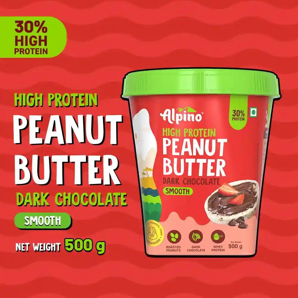 Alpino Health Foods High Protein Dark Chocolate Peanut Butter Smooth 500g - Roasted Peanuts, Dark Chocolate, Whey Protein & Pea Protein – 30g Protein, Gluten Free - High Protein Peanut Butter Creamy