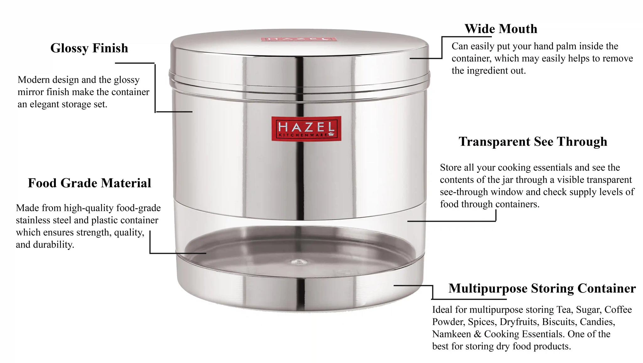 HAZEL Stainless Steel Transparent Wide Mouth See Through Container, Silver, Set of 3, 1100 Ml