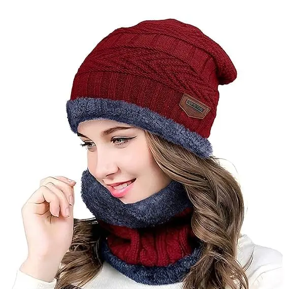 YOUTH ROBE - Premium Brand Knitted Winter Cap & Neck Scarf with fleece,Unisex Beanie Cap with Neck Warmer for Women,Thermal Cap, Fluffy Woolen Cap (set of gloves and cap) Maroon