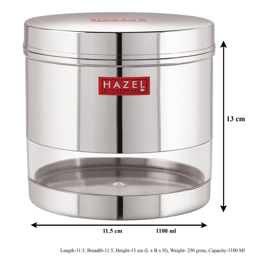 HAZEL Stainless Steel Transparent Wide Mouth See Through Container, Silver, Set of 3, 1100 Ml