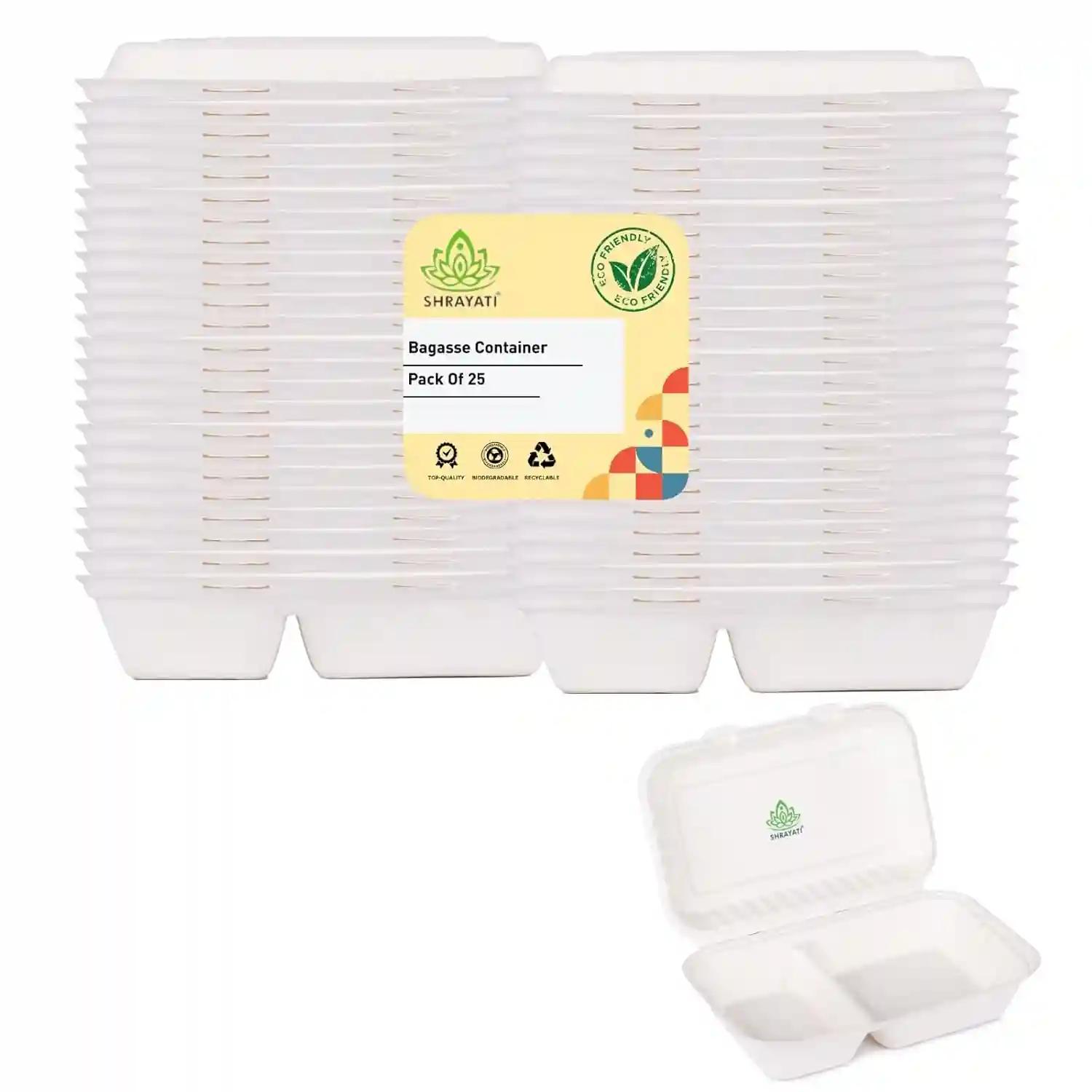 SHRAYATI Clamshell Box, 10x6 Inch, 50 Pcs, Pack of 1, 2 Compartment, Disposable Bagasse Clamshell Box, Sugarcane Paper Box, Disposable Container Box, Biodegradable Take Away box, Eco-Friendly