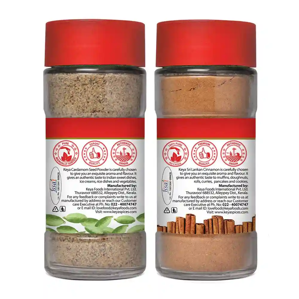 KEYA Cardamom Seed Powder| Elaichi Powder| 50G, Cinnamon Powder| Dalchini Powder| 45Gm, Pack 2