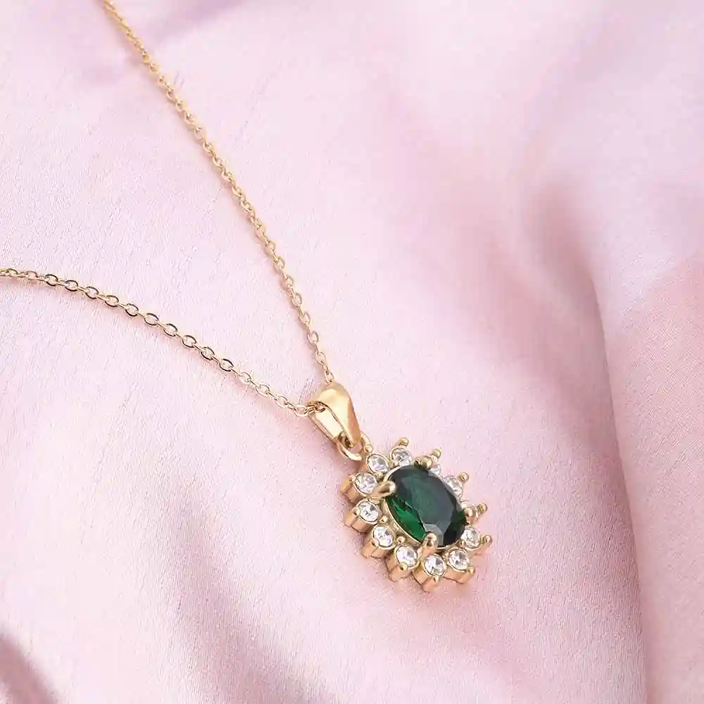 Palmonas 18K  Gold Plated Green Sapphire And Diamond Halo Pendant For Womens Waterproof & Anti-Tarnish