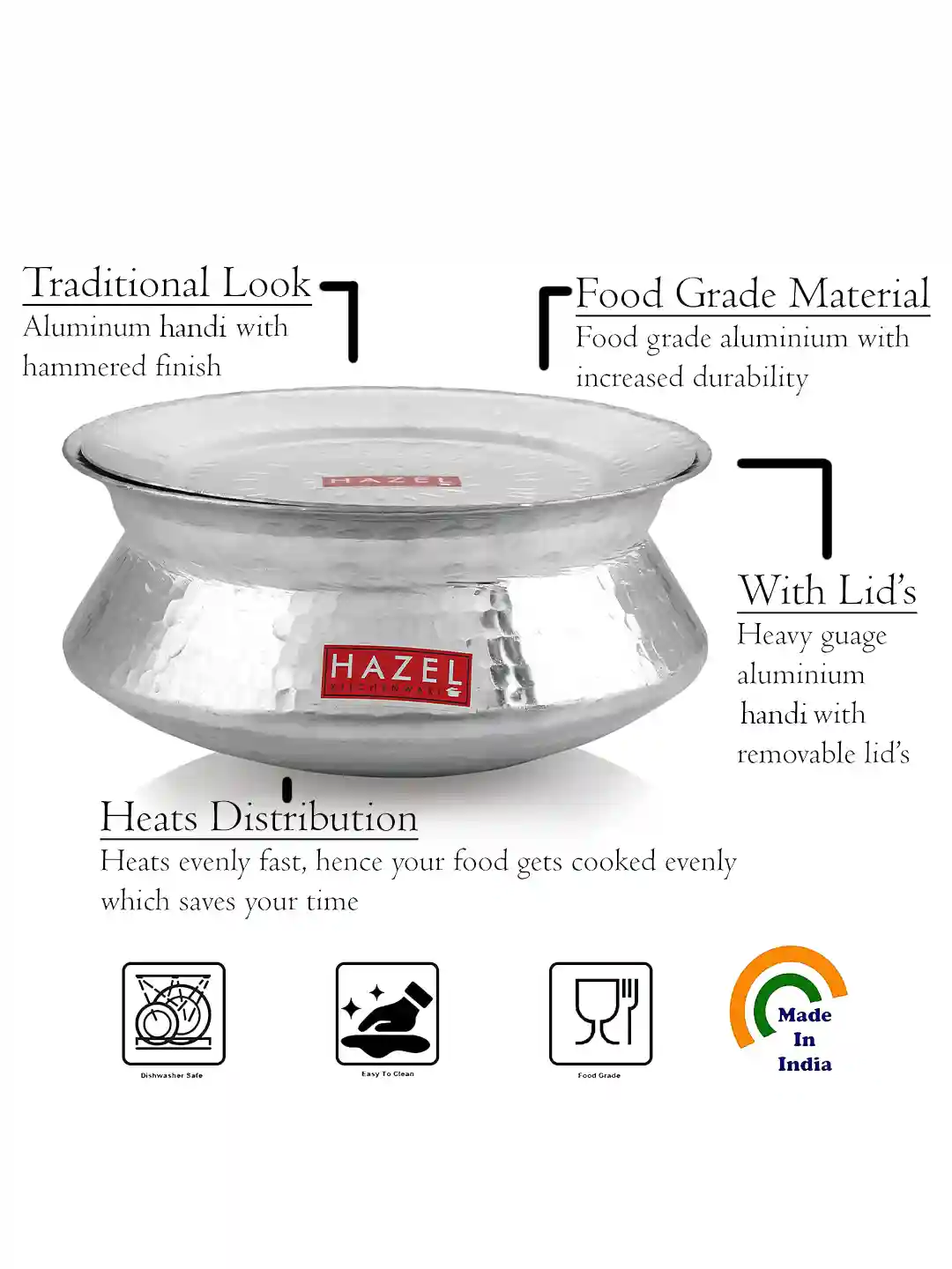 HAZEL Aluminium Hammered Finish Handi with Lid Biryani Rice Cooking Pot Dhari Patiya Tope Patila Vessel, 24 cm, 3600 ML Silver