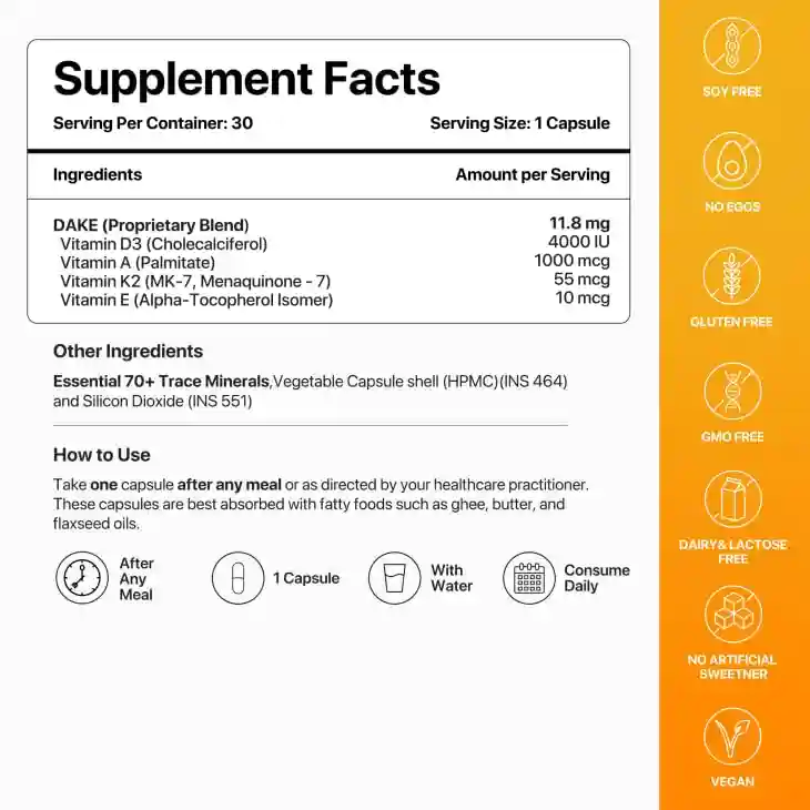 DECODE AGE DAKE Supplement | Multivitamin Supplement | Supports Vision, Immunity, Bone, Heart and Skin Health | Vitamin D3, K2 (MK7), A & E | 30 Capsules, Vegan
